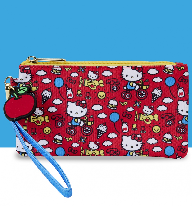 An image of Loungefly Hello Kitty 50th Anniversary Classic All Over Print Nylon Pouch Wristl...