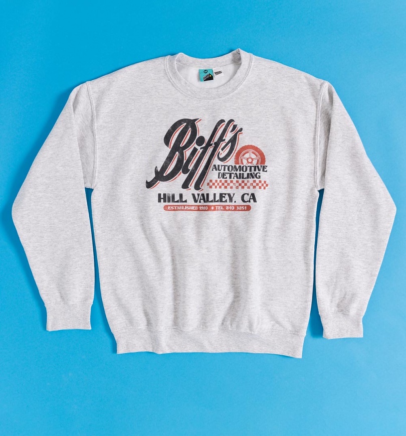 An image of Back To The Future Biffs Automotive Detailing Ash Grey Sweater