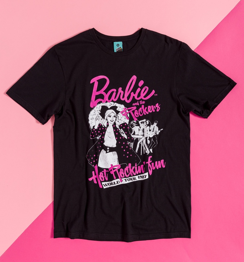 An image of Barbie And The Rockers World Tour Black T-Shirt with Back Print
