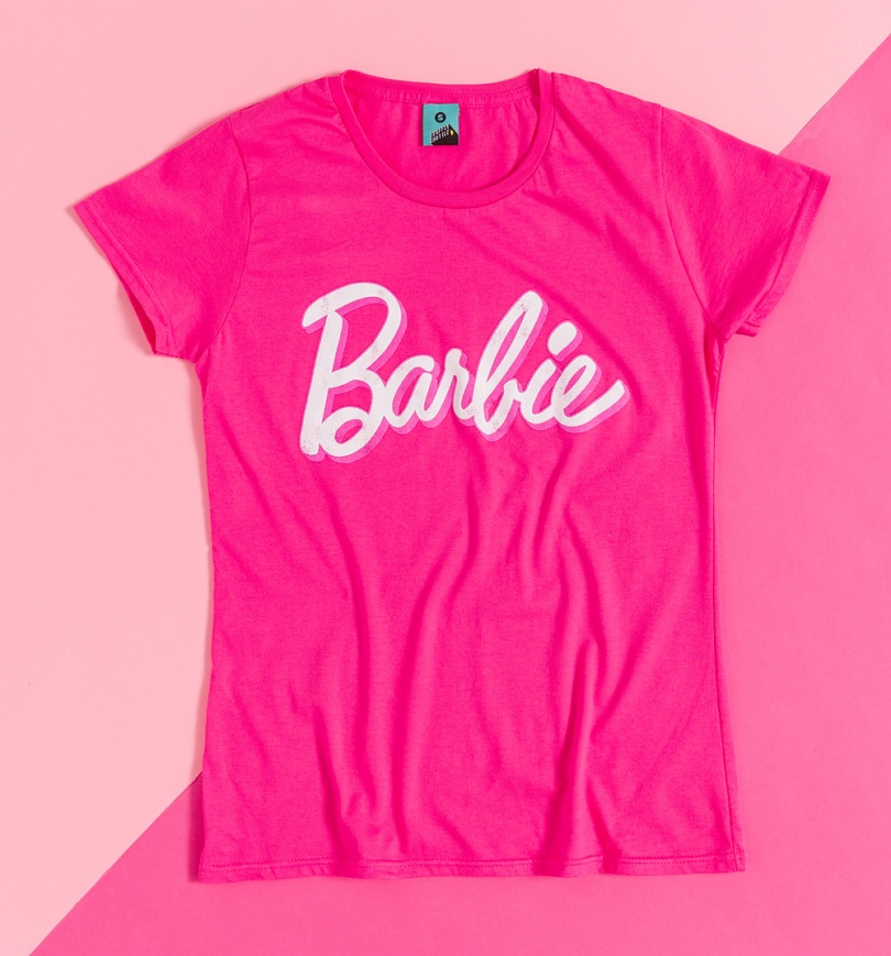 An image of Womens Barbie Retro Logo Fuchsia Fitted T-Shirt