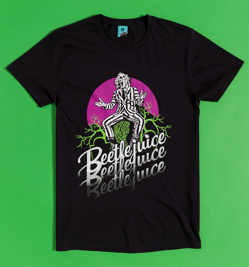 An image of Beetlejuice Beetlejuice Beetlejuice Glow In The Dark Black T-Shirt