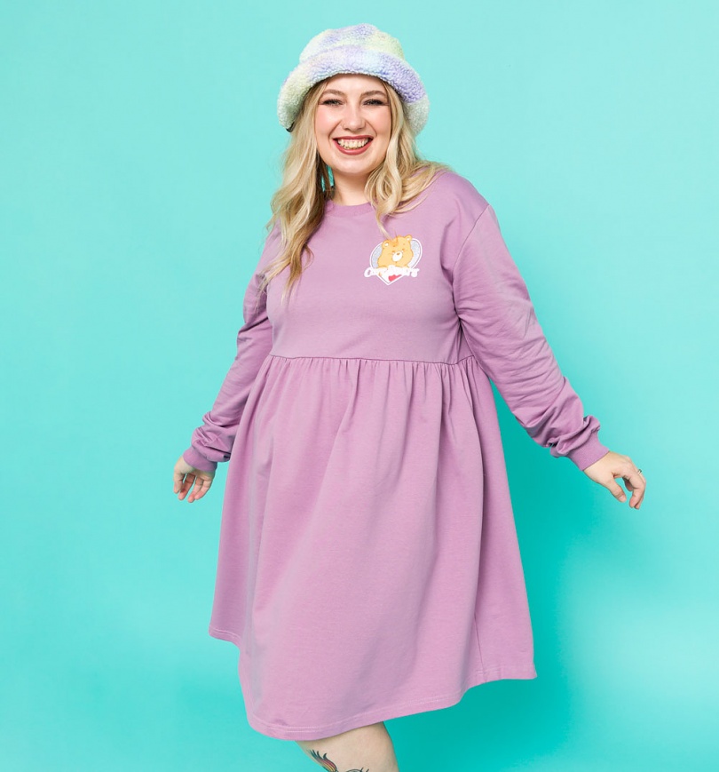 An image of Care Bears Glitter Heart Violet Sweater Smock Dress