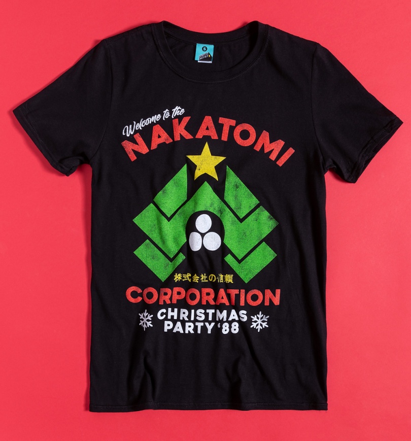 An image of Die Hard Inspired Nakatomi Corporation Christmas Black T-Shirt