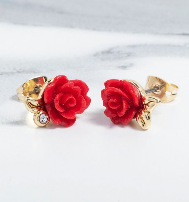 Gold Plated Beauty & The Beast Enchanted Rose Stud Earrings