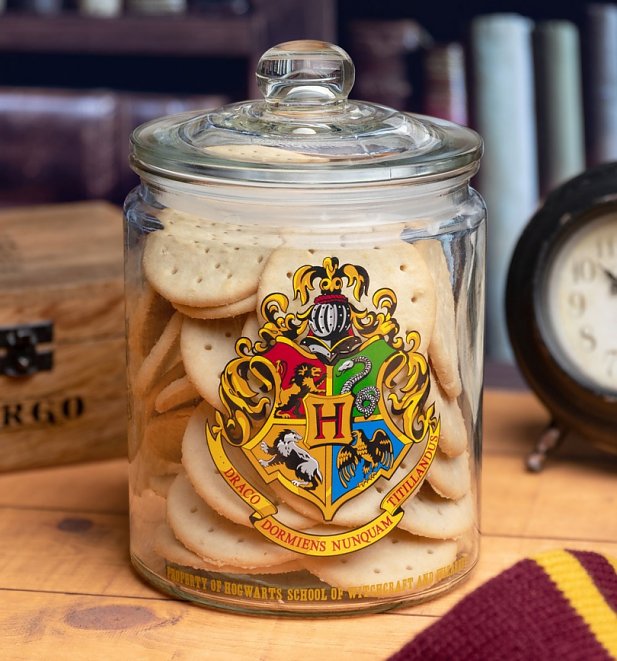 An image of Harry Potter Hogwarts Crest Glass Biscuit Barrel