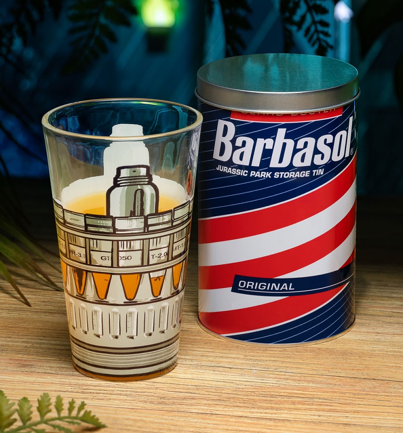An image of Jurassic Park Barbasol Glass In A Tin