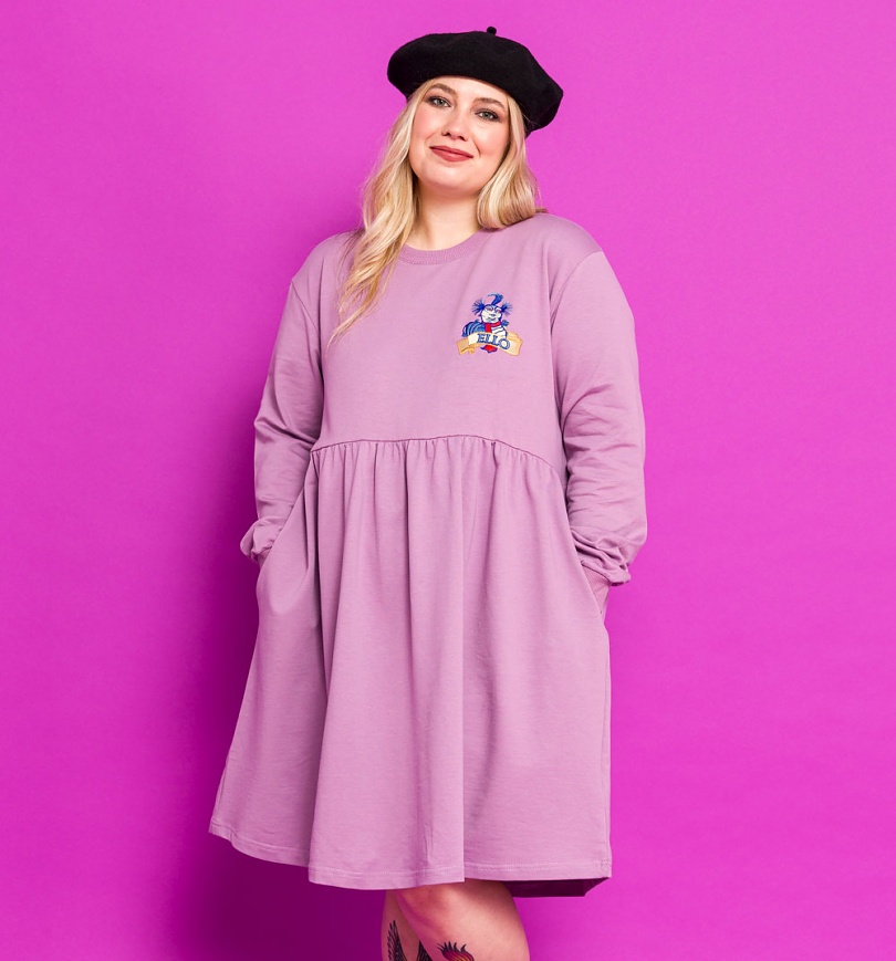 An image of Labyrinth Embroidered Worm Violet Sweater Smock Dress