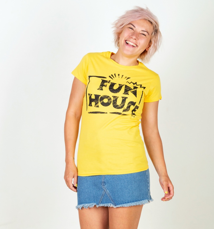 An image of Womens Yellow Team Fun House Logo Fitted T-Shirt
