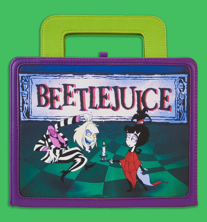 An image of Loungefly Beetlejuice Cartoon Lunchbox Journal