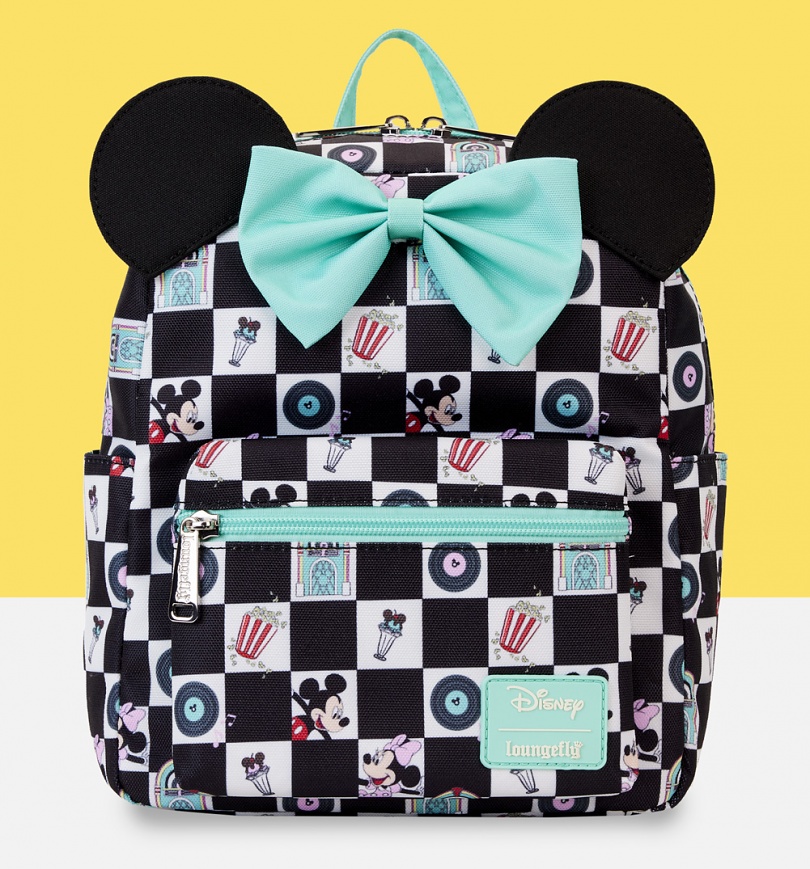 An image of Loungefly Disney Mickey And Minnie Date Night Diner AOP Nylon Mini Backpack