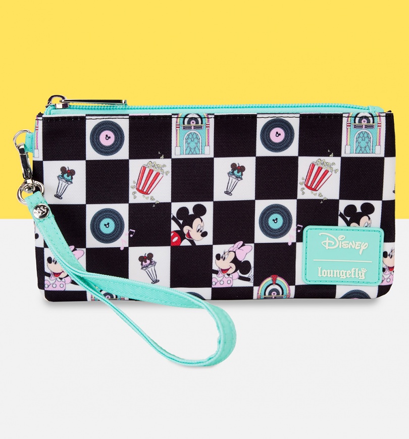 An image of Loungefly Disney Mickey And Minnie Date Night Diner AOP Nylon Wristlet