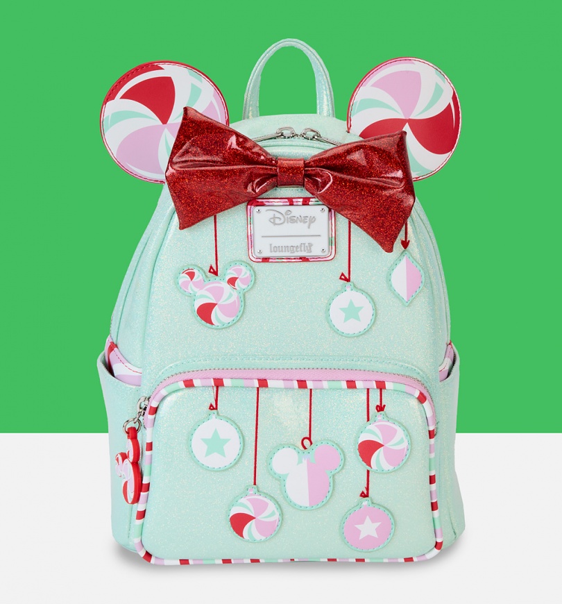 An image of Loungefly Disney Minnie Holiday Peppermint Ornaments Mini Backpack