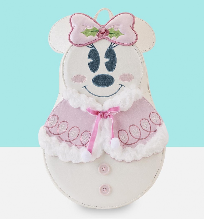 An image of Loungefly Disney Minnie Pastel Figural Snowman Mini Backpack
