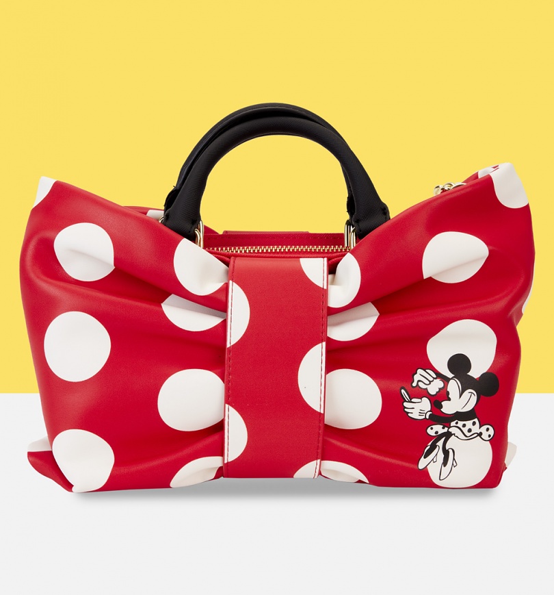 An image of Loungefly Disney Minnie Rocks The Dots Figural Bow Cross Body Bag