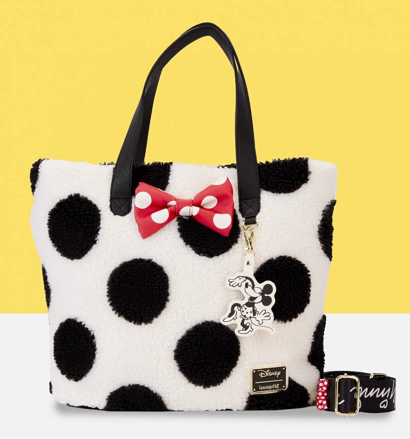 An image of Loungefly Disney Minnie Rocks The Dots Sherpa Tote Bag