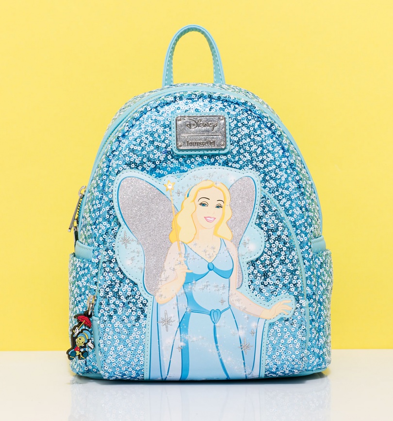 An image of Loungefly Disney Pinocchio Blue Fairy Sequin Mini Backpack