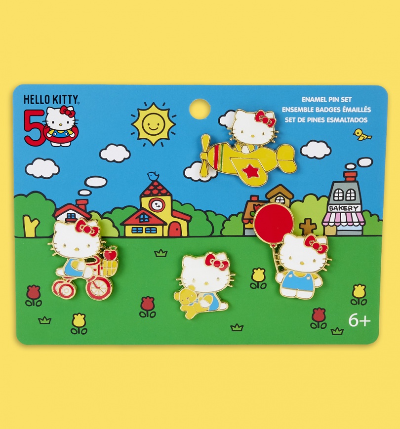 An image of Loungefly Hello Kitty 50th Anniversary Classic 4 Piece Pin Set
