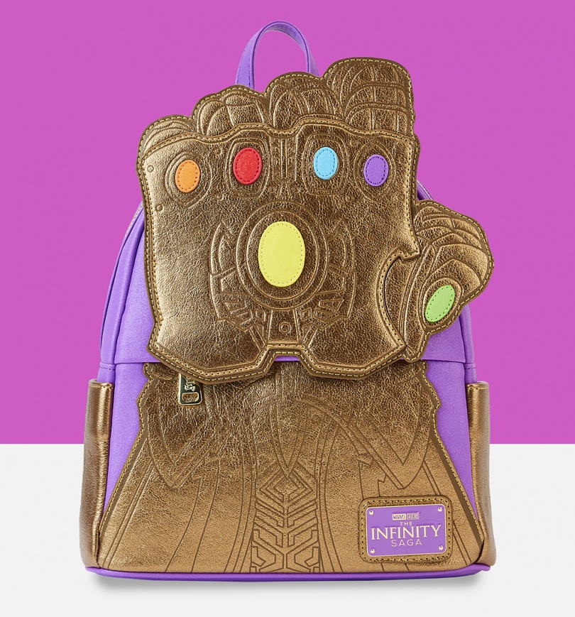 An image of Loungefly Marvel Shine Thanos Infinity Gauntlet Mini Backpack