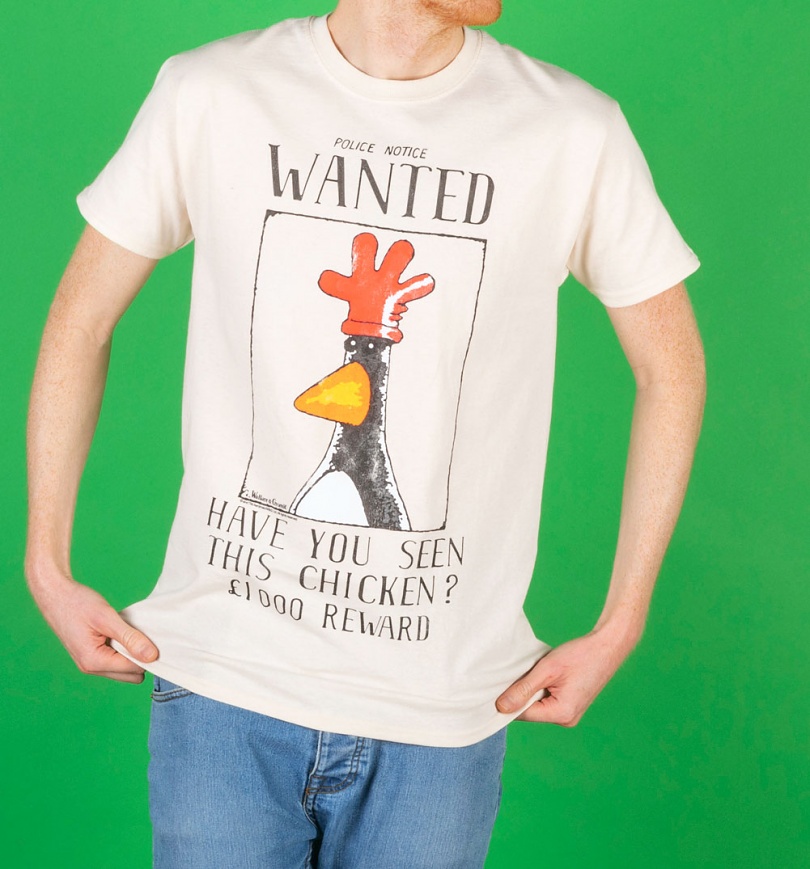 An image of Mens Wallace And Gromit Feathers McGraw Wanted Poster Ecru T-Shirt