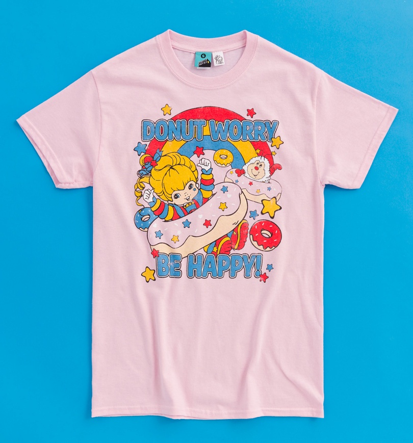 An image of Rainbow Brite Donut Worry Be Happy Pink T-Shirt
