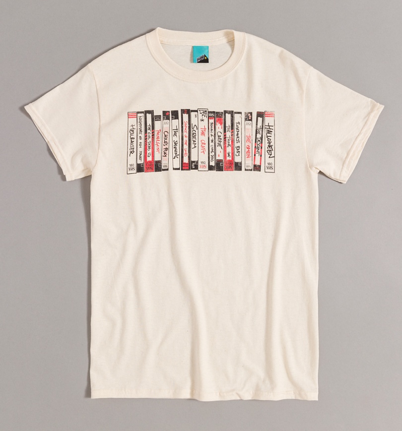 An image of Scary Horror Movies Video Tapes Natural T-Shirt