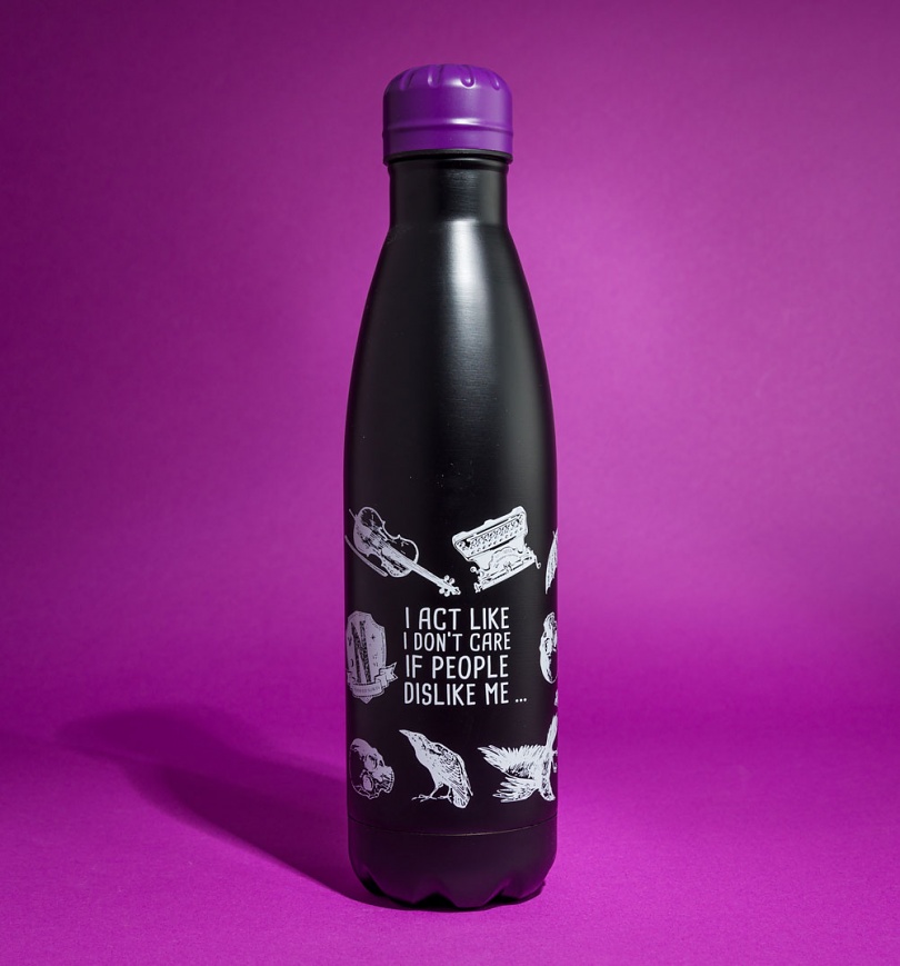 An image of Wednesday Dont Care Stainless Steel Black Water Bottle