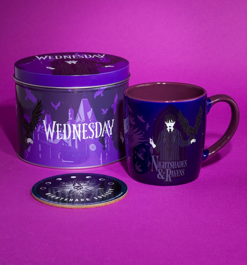 An image of Wednesday Mug and Coaster in a Tin