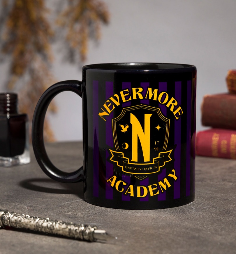 An image of Wednesday Nevermore Academy Black Stripe Mug