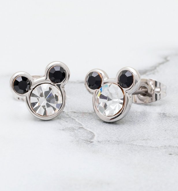 White Gold Plated Mickey Mouse Head Stud Earrings With Crystals