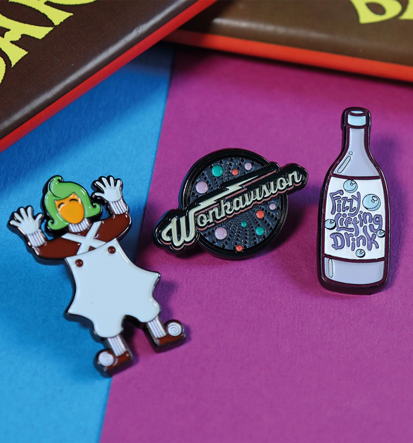 An image of Willy Wonka And The Chocolate Factory Limited Edition Set of Three Pin Badges