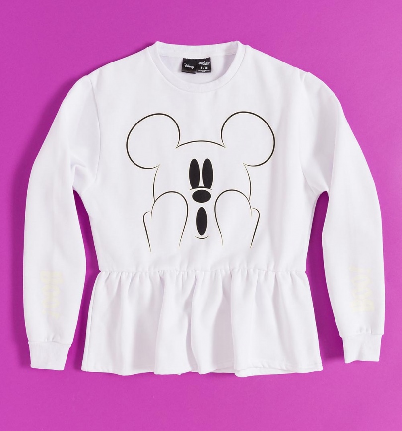 An image of Womens Disney Mickey Glow In The Dark Ghost Peplum Crewneck Sweater from Cakewor...