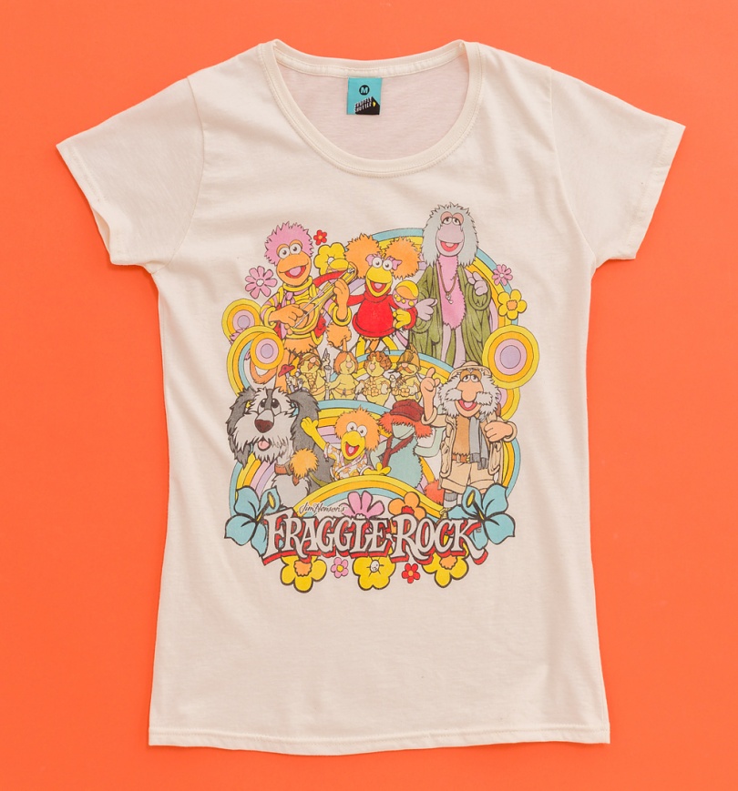 An image of Womens Fraggle Rock Rainbow Parade Natural Fitted T-Shirt
