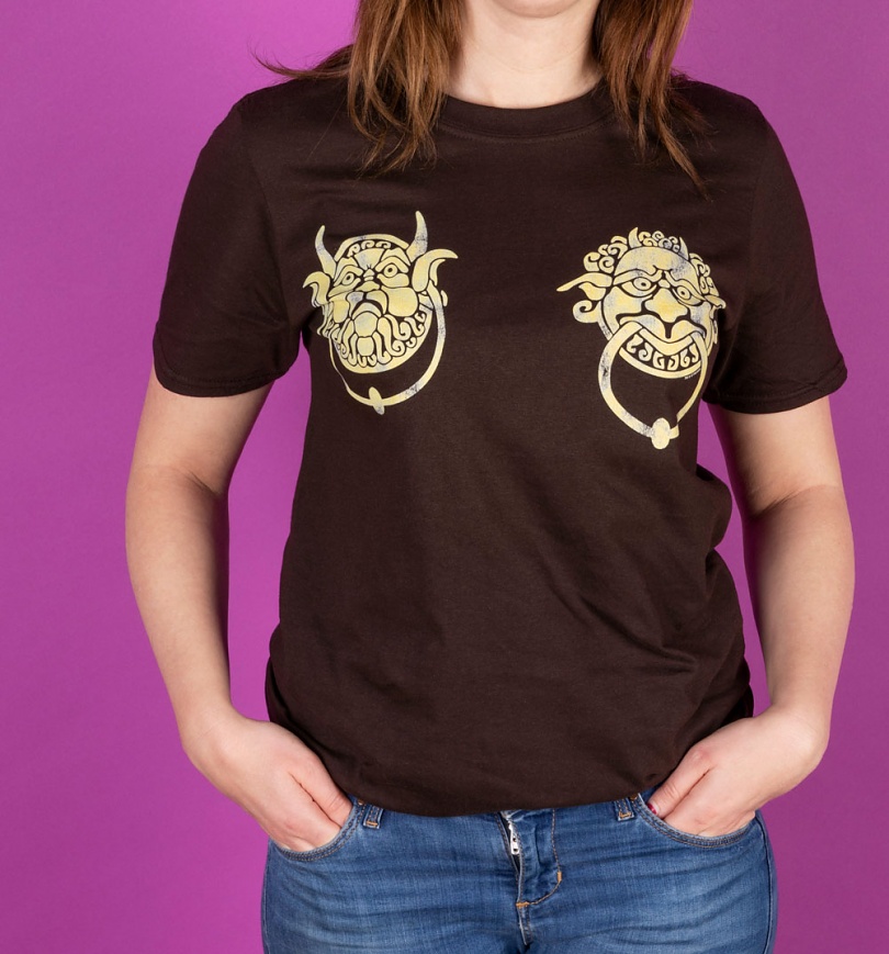 An image of Womens Labyrinth Knockers Dark Brown T-Shirt